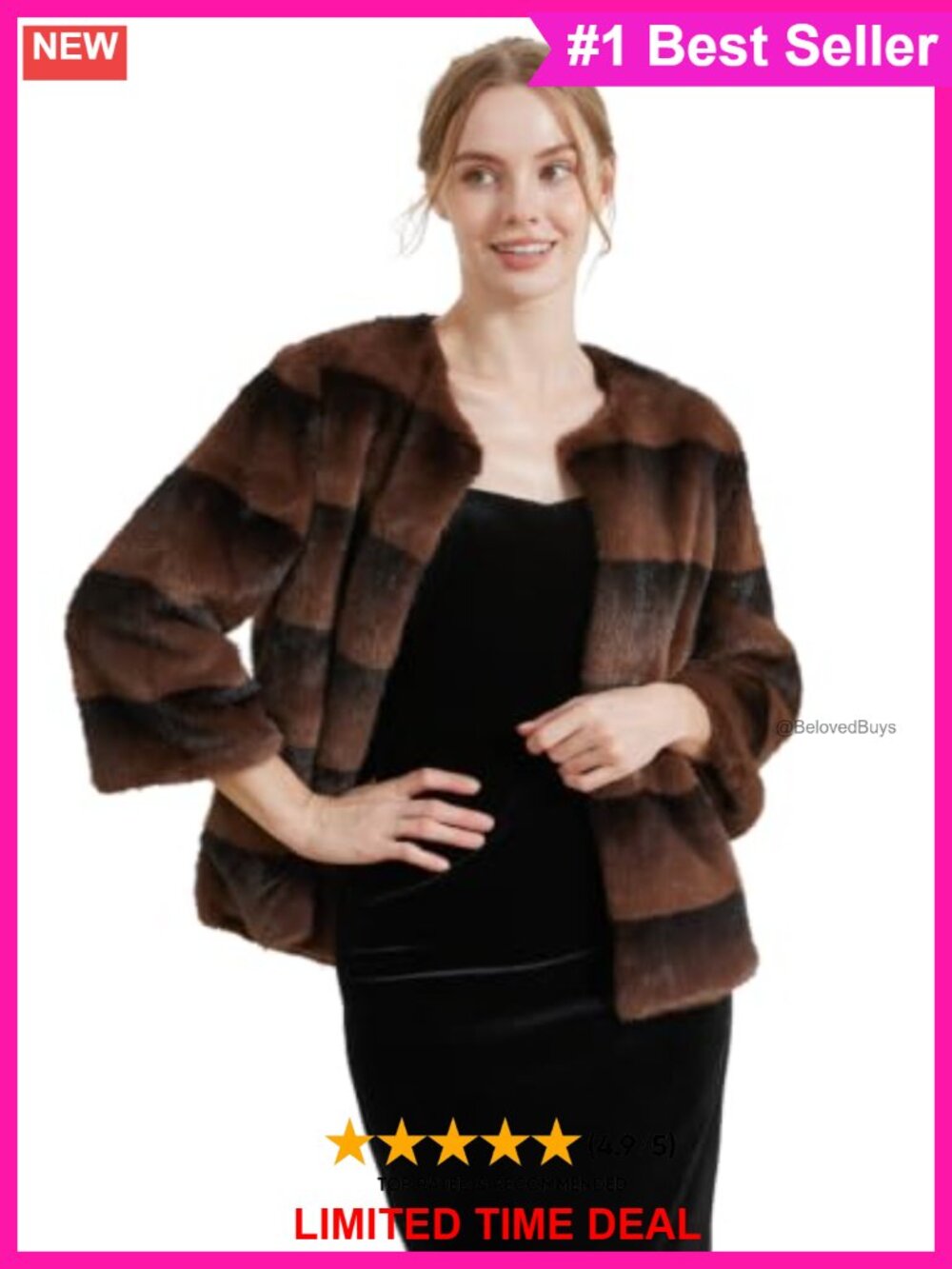 Faux Mink Fur Shaggy Warm Winter Coat 3/4 Sleeve Buckle Jacket